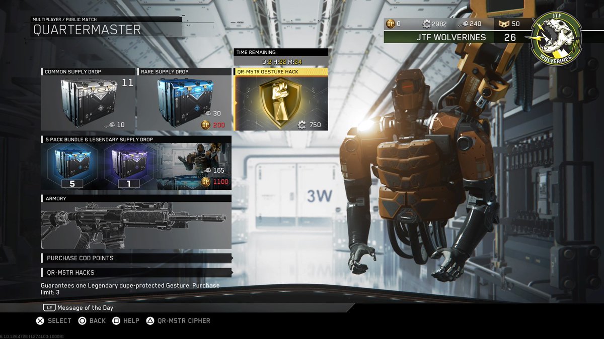 Brando212486's tweet photo. 5 pack Bundle Legendary & Rare Along with a New Quartermaster Hack #IWIntel #Weapons #InfiniteWarfare #PS4share https://t.co/gTyCoiIjDo