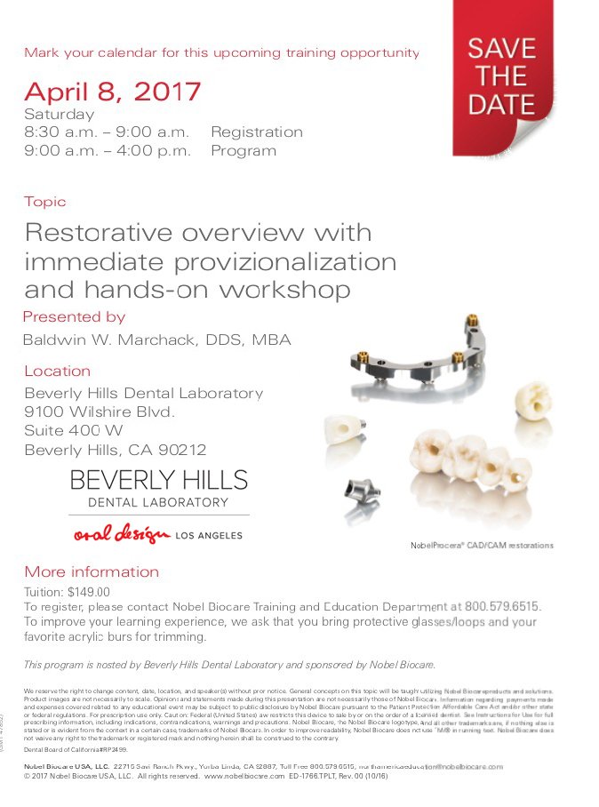 BHDentalLab's tweet photo. Join us April 8th, 2017 for a hands on workshop with Baldwin W. Marchack DDS, MBA in our state-of-the-art educational center. https://t.co/S4vq1NrvFG