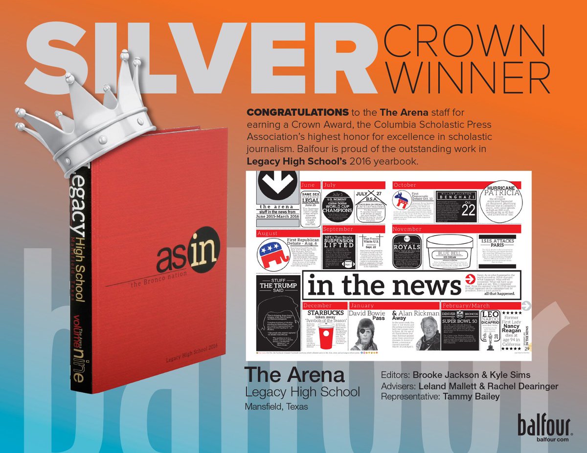 BalfourYB's tweet photo. Congratulations to The Arena for winning a CSPA Silver Crown for the 2016 Legacy High School yearbook. #cspasc17 
@therideronline https://t.co/R0zok1kqUP