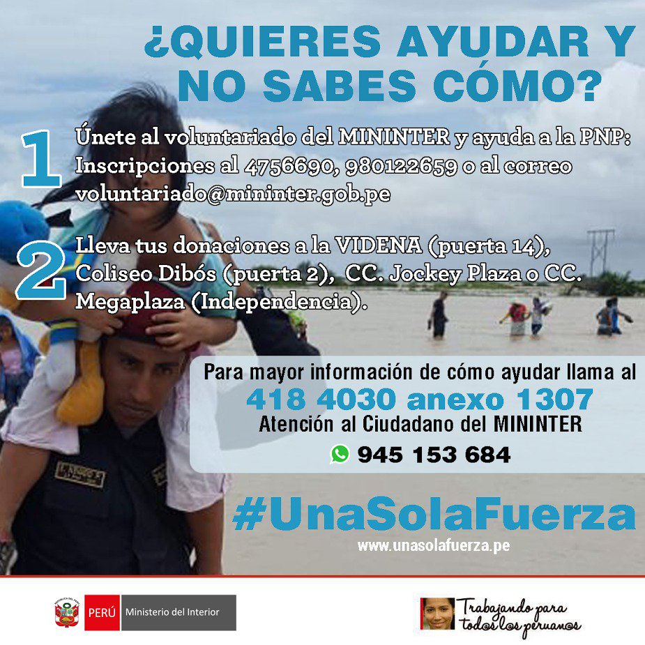 MininterPeru's tweet photo. Ya van 600 inscritos para el voluntariado de ayuda a la PNP, únete tú también. Además, puedes dejar tus donaciones en 4 lugares de Lima. https://t.co/HYQCPukbsK