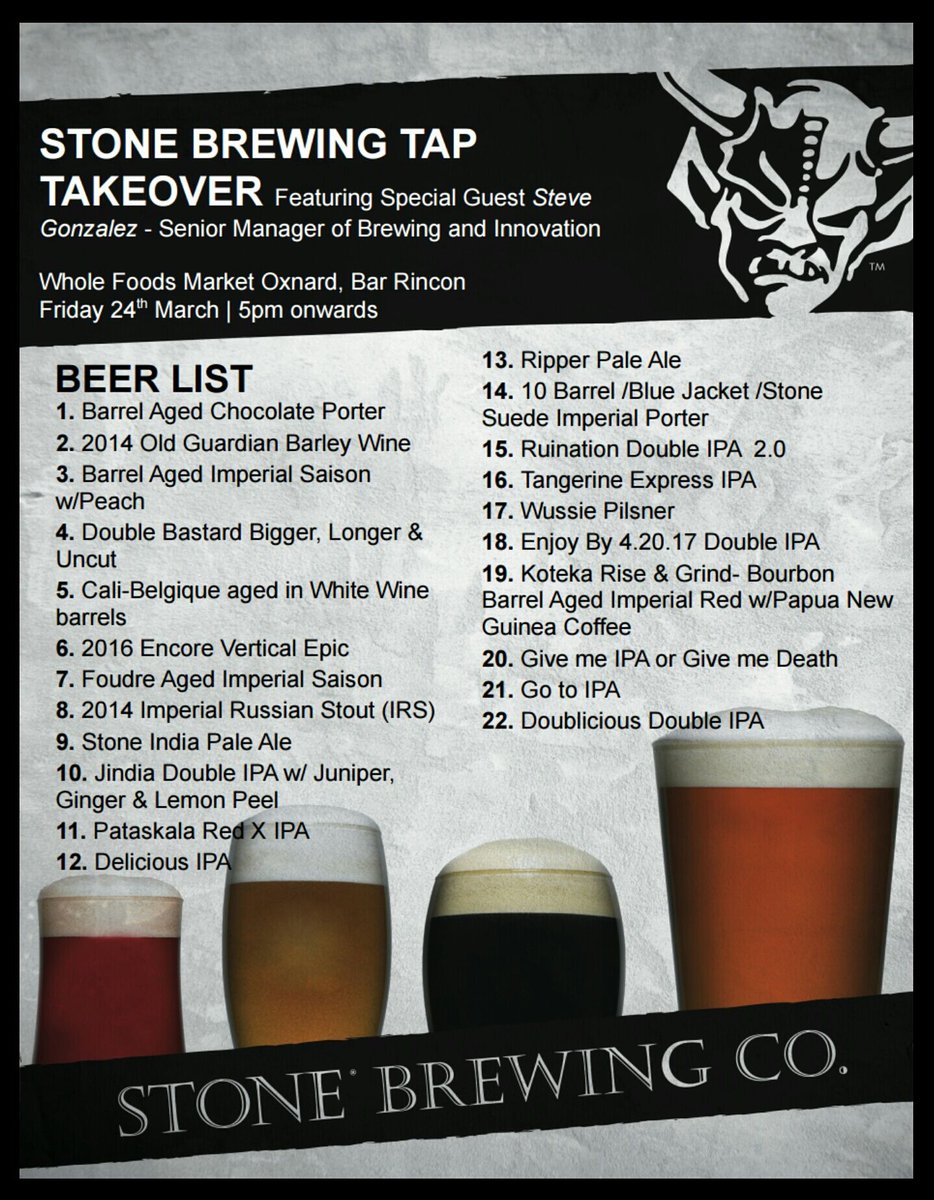 VCTapped's tweet photo. You've never seen a @StoneBrewingCo #taptakeover like this! 22 #taps of delicious #craftbeer at #BarRincon in #WholeFoods #Oxnard! #vctapped https://t.co/LzHtamYzmA