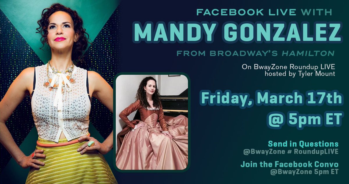 BwayZone's tweet photo. Today is the day! Tune in at 5pm for @_mandygonzalez on #RoundupLIVE on Facebook. Have questions? Enter them here: https://t.co/IOF8AkWA5o https://t.co/EuWHXRwOqM