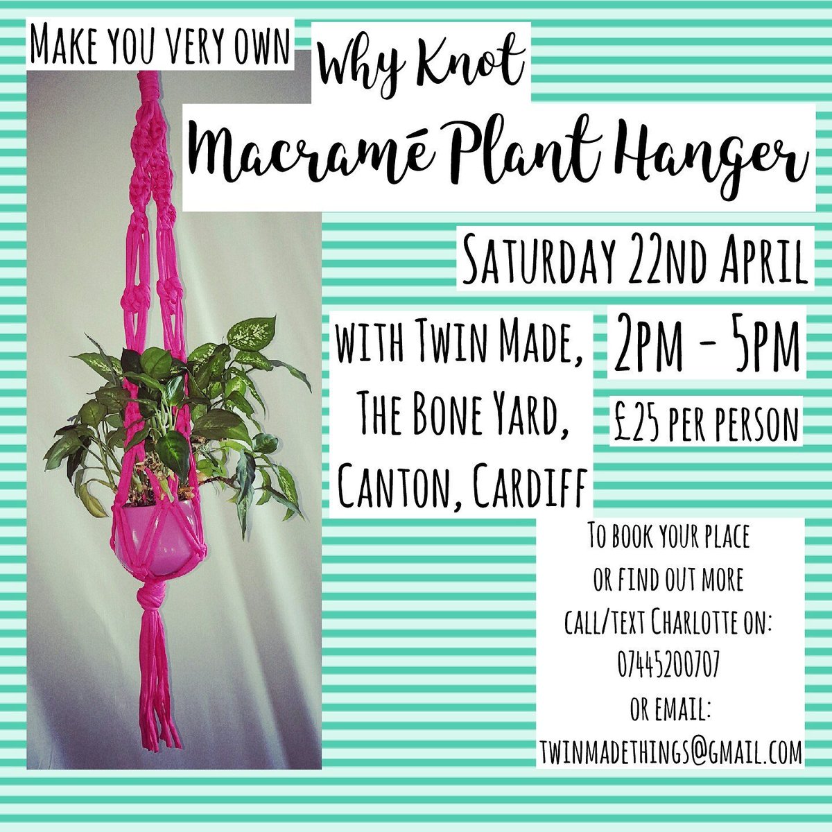 Twin_Made's tweet photo. Join us on Saturday 22nd April 2 - 5pm in our #CreativeContainer @the_bone_yard_cardiff for our #WhyKnotMacrame #PlantHanger #workshop. https://t.co/NyjLROIo4v