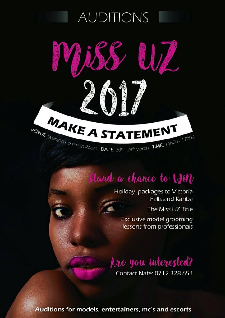 RotaractUz's tweet photo. Come audition for Miss UZ next week  models,MC and entertainers 

Come and make a statement https://t.co/GixElI65nE