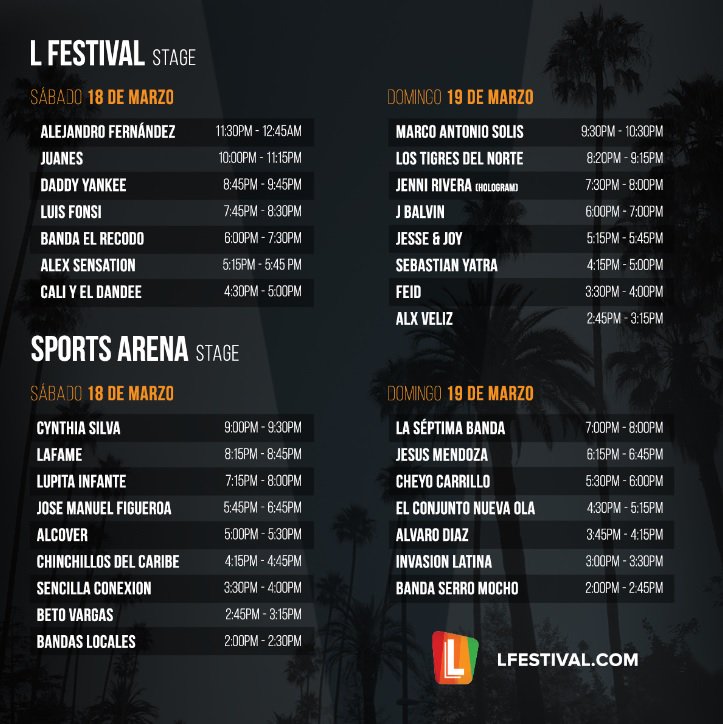 ¿A que hora va a presentar tu artista favorito? Buscalo aquí. #VamosaL #JuntosSomosMas