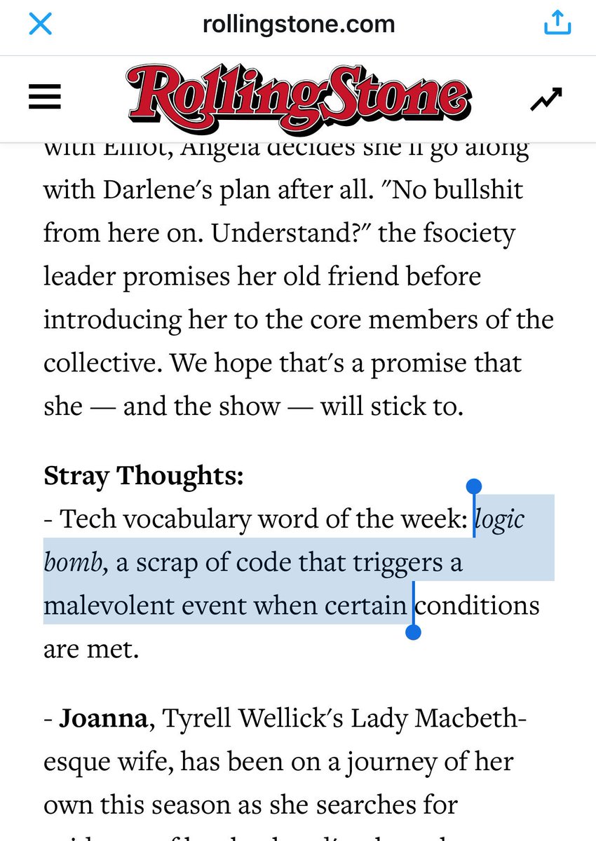 LarryChiang's tweet image. VC&apos;s drop #logicBomb, a &quot;scrap of code that triggers a malevolent event when certain events take place.&quot; #duckBk rollingstone.com/tv/recaps/mr-r…