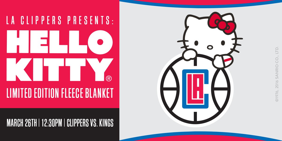 LAClippers's tweet photo. 👋🐱 | Link below to join us on 3/26 vs. the Kings &amp; receive a limited edition #HelloKitty fleece blanket!

🎟 » https://t.co/wZayRYTBKW https://t.co/P5r9Ha5HOS