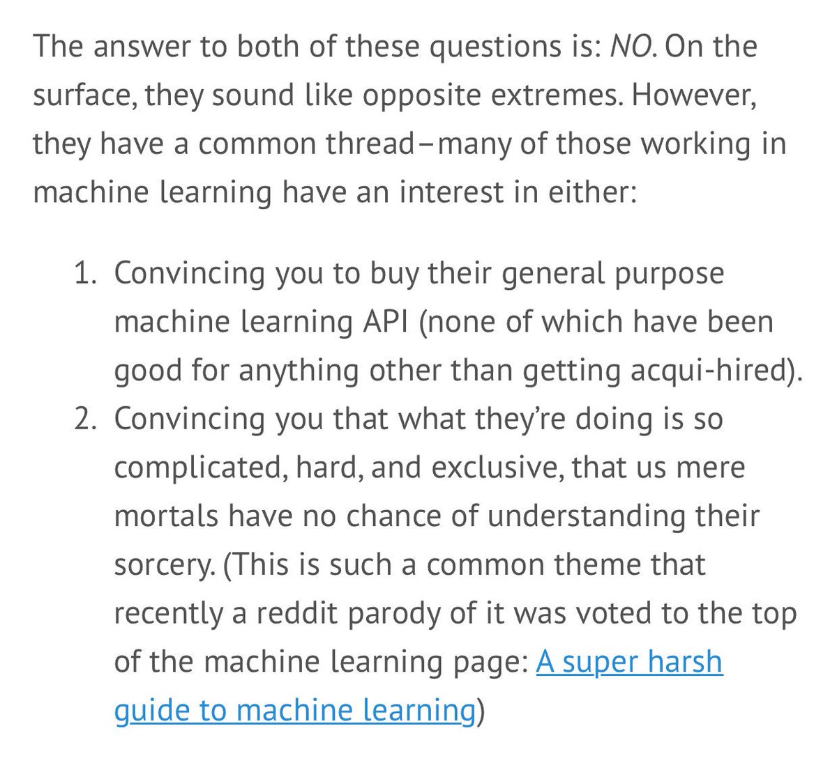 Many ppl in ML want to convince you:
1. They've solved ML: Buy their API
2. ML is too hard + exclusive for you

fast.ai/2017/03/17/not…