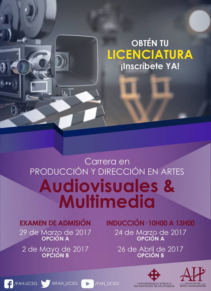 Para registrarte y dar el examen de admisión de las carreras de Audiovisuales y Multimedia, accede a esta dirección: www2.ucsg.edu.ec/component/cont…