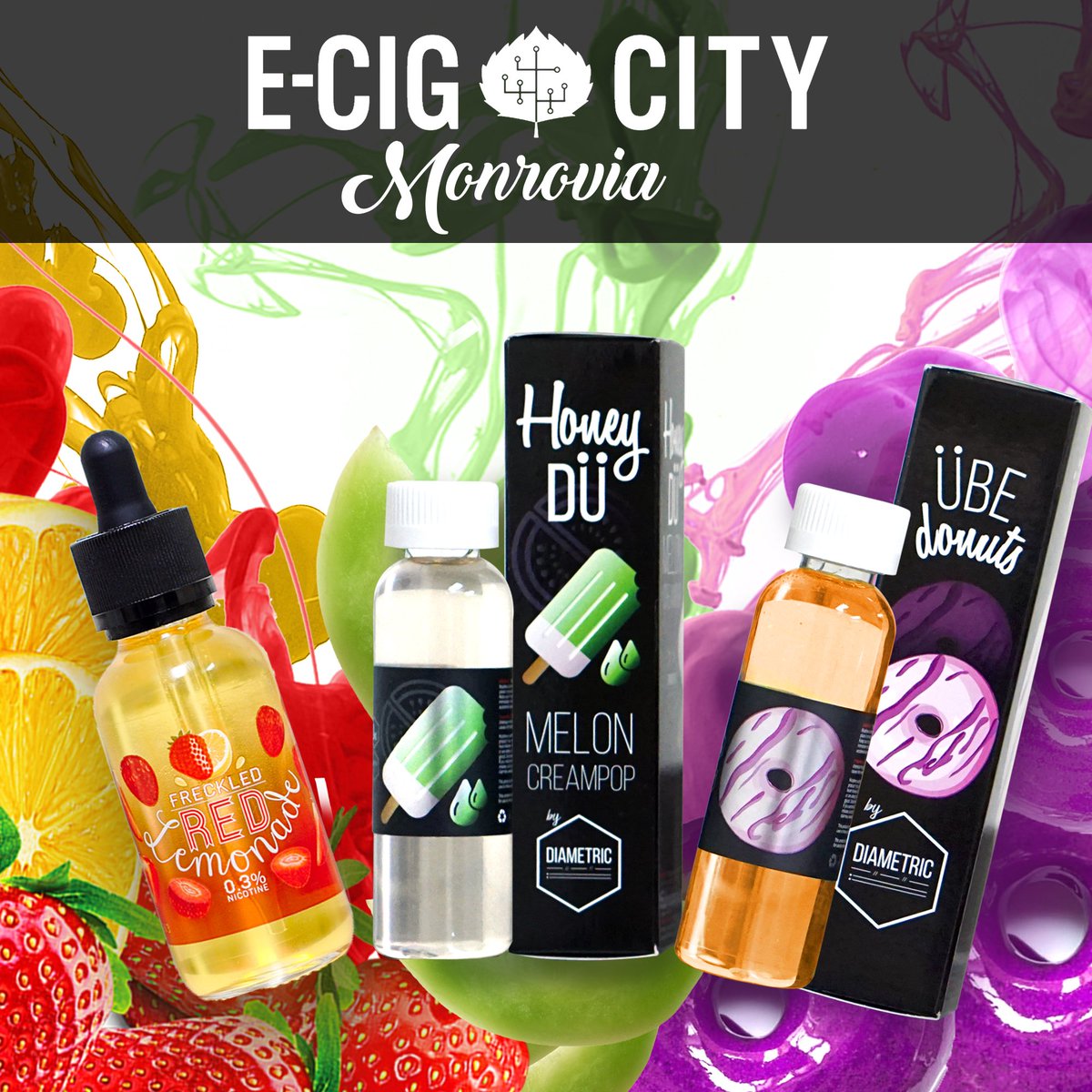 Our full line is stocked up at @ecigcitymonrovia  !! Stop by their dope shop and try our Freckled Red Lemonade, Honey DÜ and ÜBE Donuts.