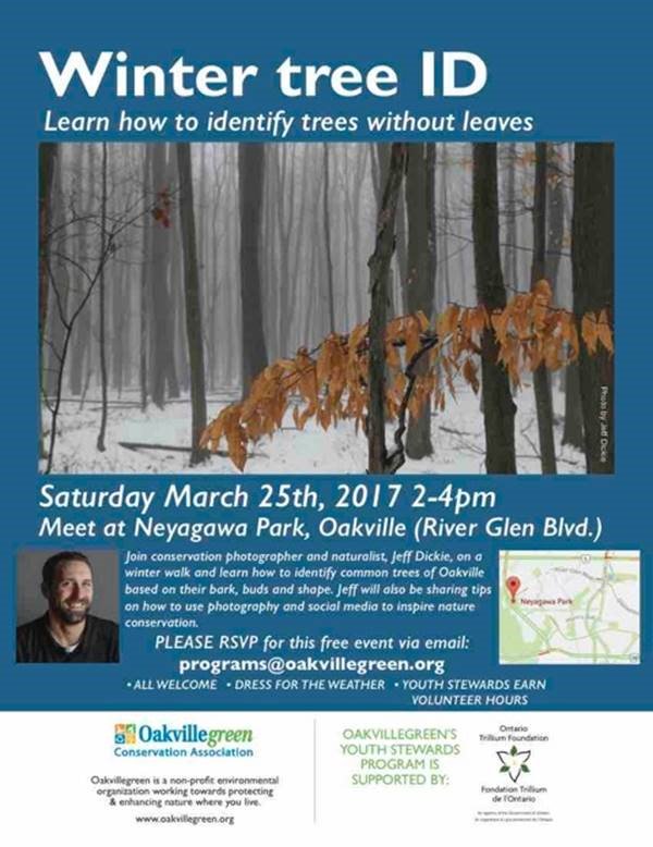 Winter Tree ID Walk with <a href="/Oakvillegreen/">Oakvillegreen</a> Learn to identify trees. 
March 25 @ 2:00 pm - 4:00 pm. Neyagawa Park. ow.ly/oQoz3092wV9