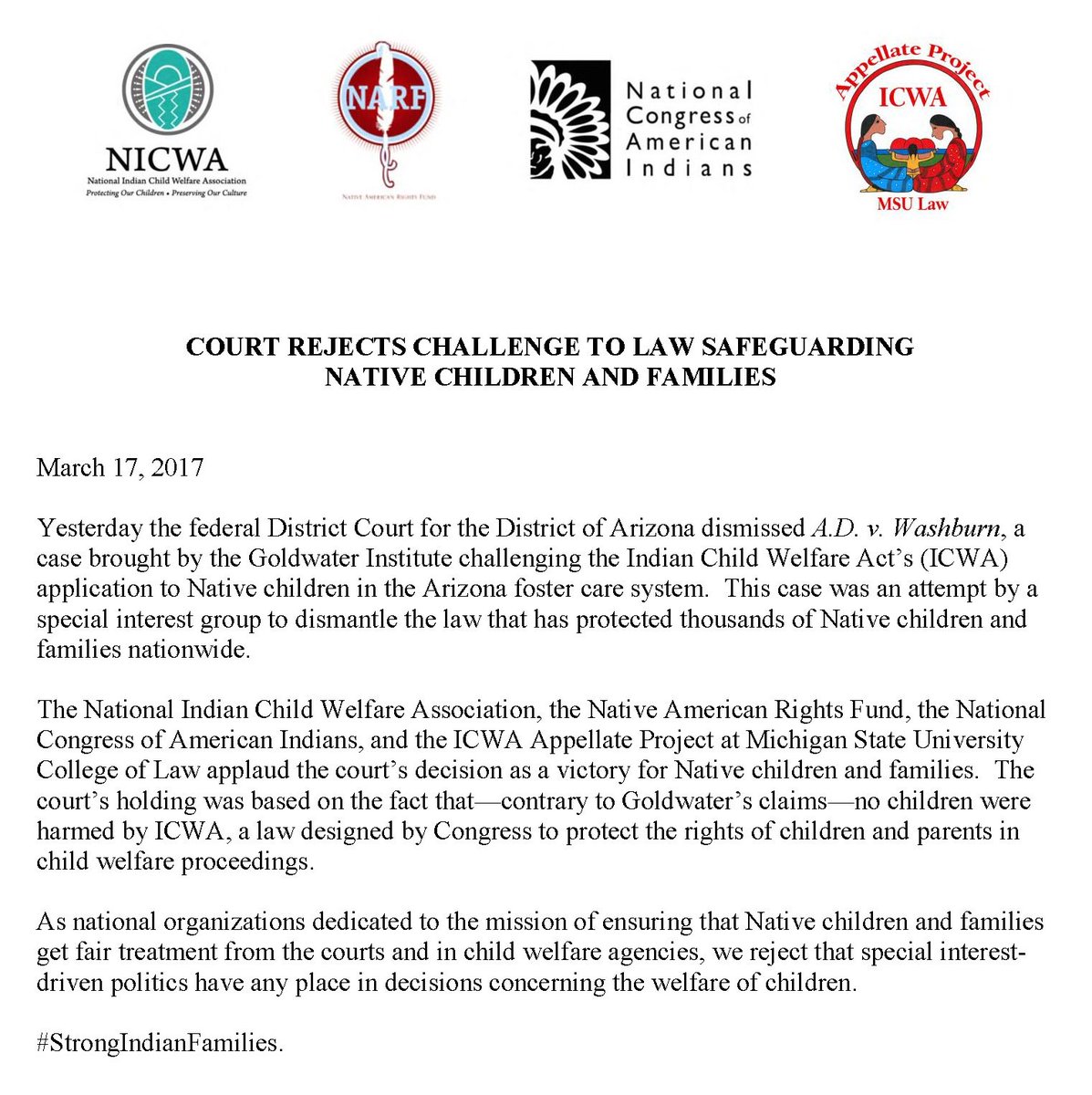 NativeChildren's tweet photo. BREAKING: Federal Court rejects challenge to law safeguarding Native children and families! https://t.co/aiKAzuRDcM