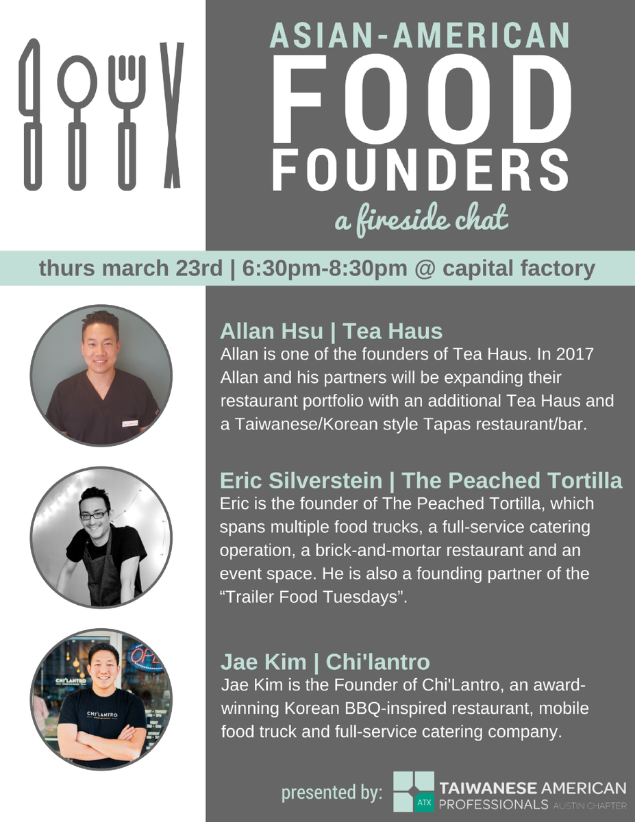 TAP_ATX's tweet photo. Founders of #TeaHaus, @ChiLantroBBQ &amp; @peachedtortilla will be speaking at our next #firesidechat. More details: https://t.co/DcUM0P2RTR https://t.co/1z9qif7Pg6