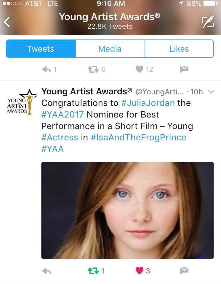 QuietRetreat's tweet photo. @YoungArtistAwds Good luck to the talented #JuliaJordan nominated for Best Performance in a Short Film "Isa and the Frog Prince" #YAA2017 🏆 https://t.co/k38PYS39ru