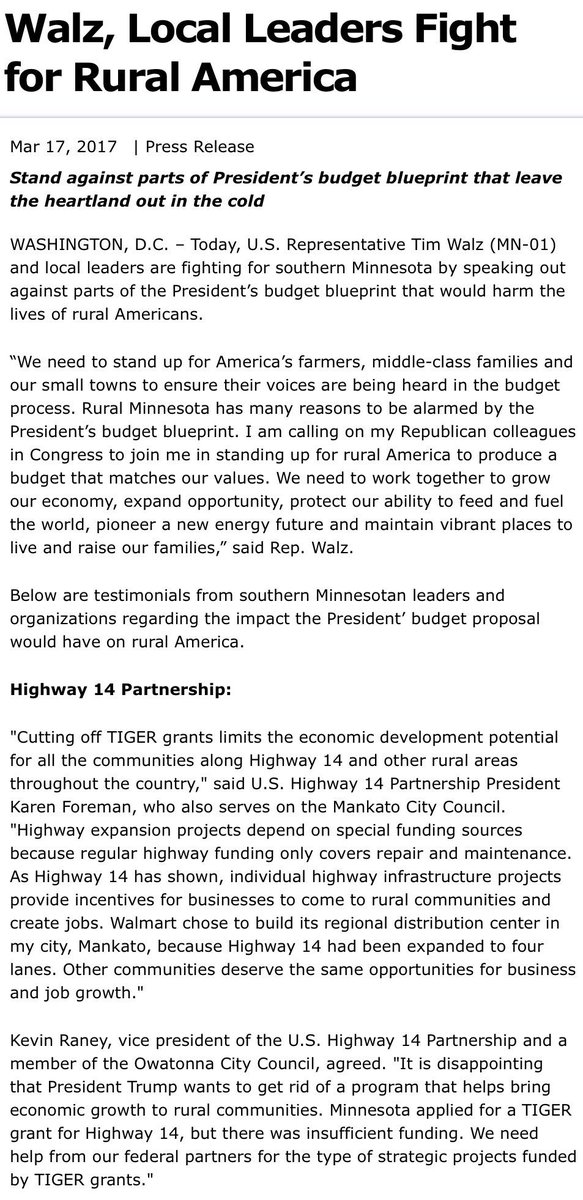 RepTimWalz's tweet photo. So. MN leaders & I stood up against parts of @POTUS’ budget plan that leave rural folks out in the cold. Learn more: https://t.co/EKSTGGgmZs https://t.co/Jj83Xx5L88