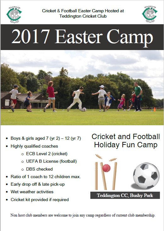 PaulDancy1's tweet photo. @TeddingtonCC hosting fun Easter cricket &amp; football camp 4th-7th April from £20 with sibling discount https://t.co/bfrKrjBz4c