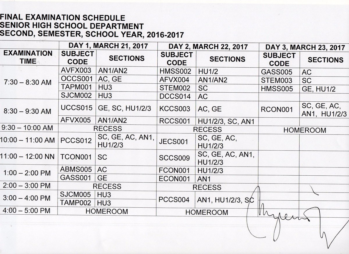 AdNU_SeniorHigh's tweet image. Final Exam Schedule's up!
Good luck Grade 11 students!
#endofClass
@ADNUSHS_ABM