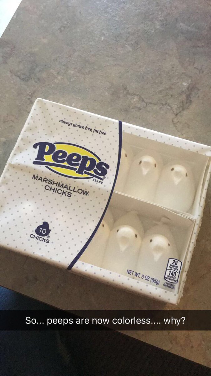 is_a_belle_'s tweet photo. Okay.. so Peeps. They're supposed to be colorful marshmallows right? Well.. I guess not. My childhood is over. https://t.co/03EimcmEim