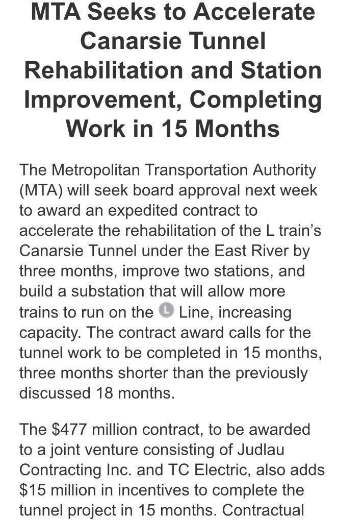 vinbarone's tweet photo. INBOX: MTA is looking to shorten L train shutdown to 15 months. Says it could be done if board approves $477M contract w/ Judlau/TC Electric https://t.co/jlHXwMnZof