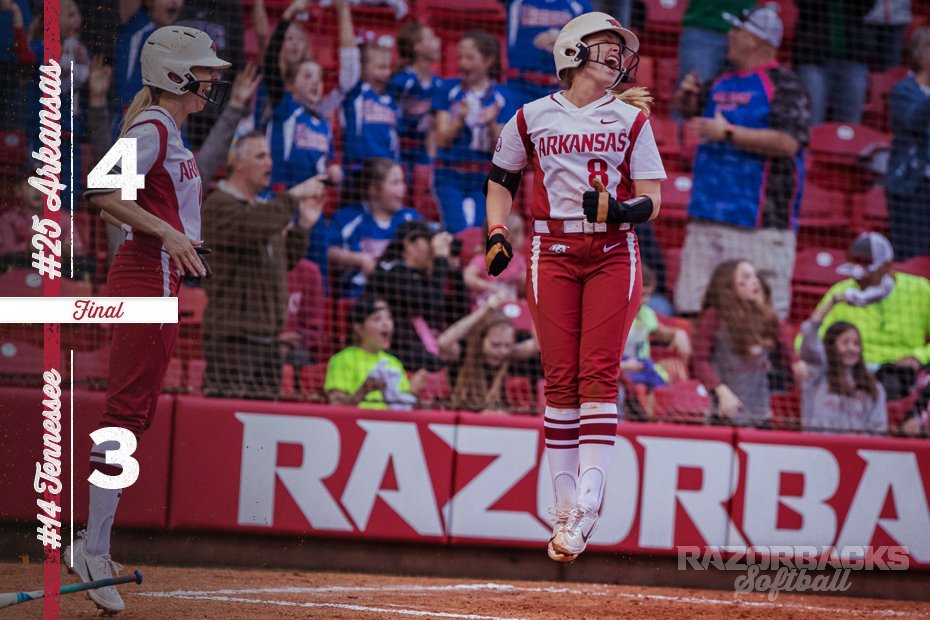 RazorbackSB's tweet photo. FINAL | No. 25 #ARKSB 4, No. 14 Tennessee 3

First ranked win since 2014, 11 of 15 series wins vs Tenn have come in Fayetteville.

#WPS https://t.co/w3GH4ViGn0