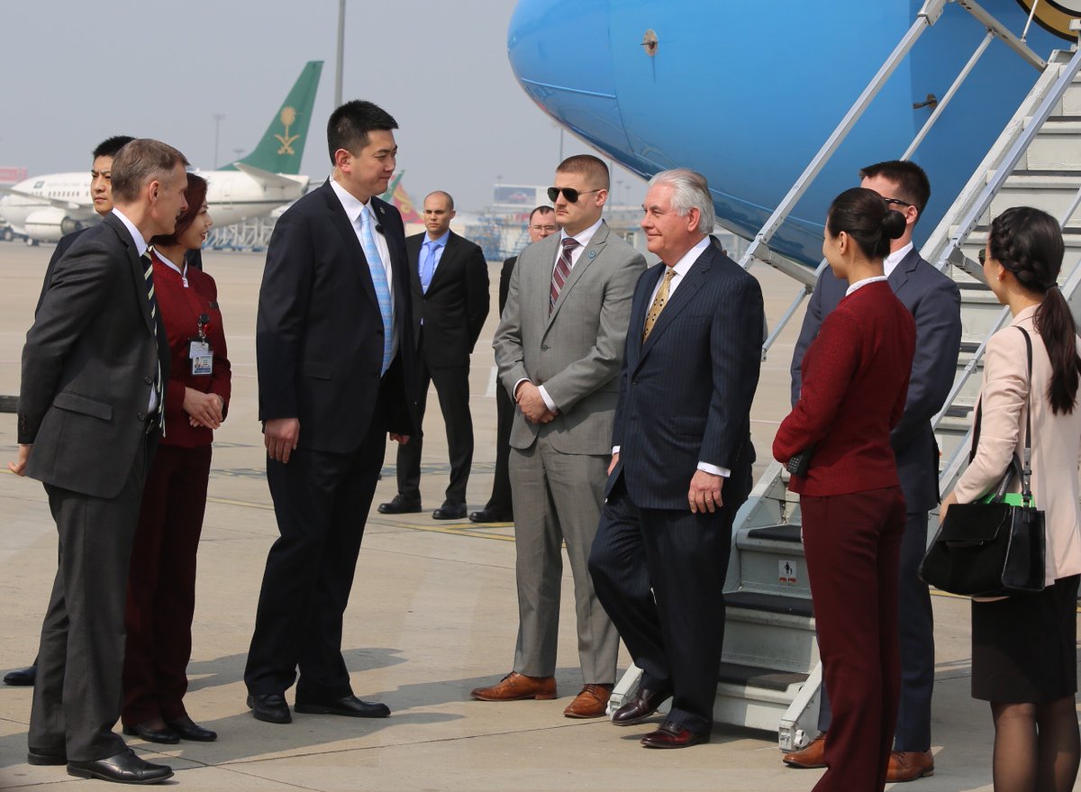 StateDept's tweet photo. Secretary Tillerson arrives in Beijing; U.S. looks to build constructive, results-oriented relationship with China. https://t.co/9Qa2UyWnZx