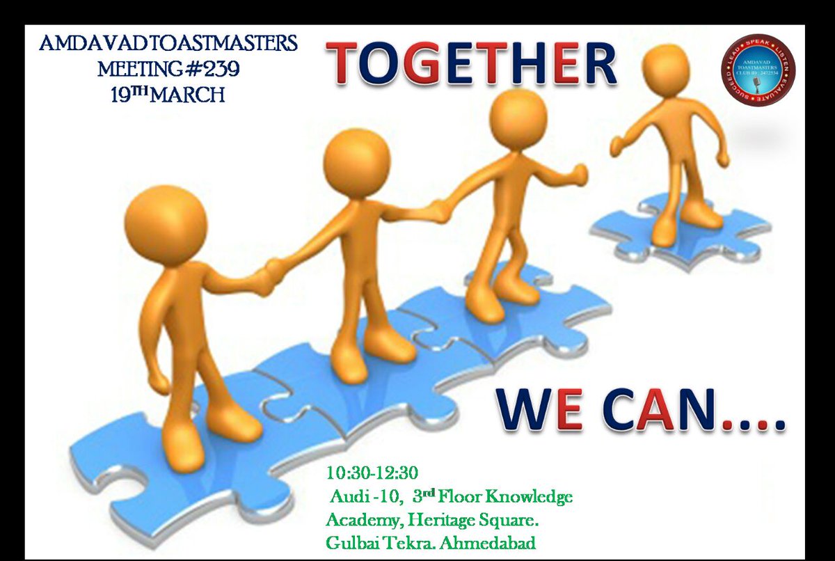 Toastmaster_ahd's tweet photo. You can do what i can't do. I can do what you can't do.Together we can do gr8 things. join us for d  238th meeting of AMDAVAD TOASTMASTERS https://t.co/1Zvshb7PJ9