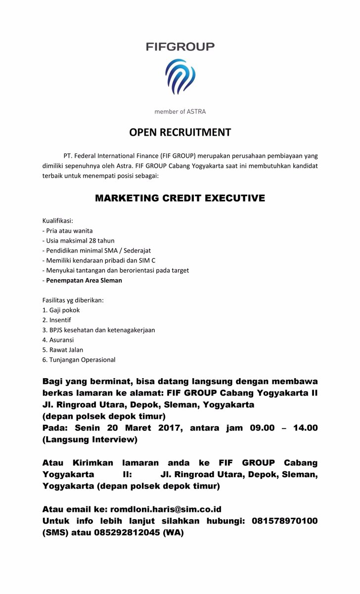QuenDevi's tweet photo. Hadirilah Walk Interview PT FIF Cabang Yogyakarta 2 Senin 20 Maret 2017 jam09.00-14.00 d/a Jl. Ringroad utara (Sebrang Polsek Depok TImur) https://t.co/nOxsPLWOMd