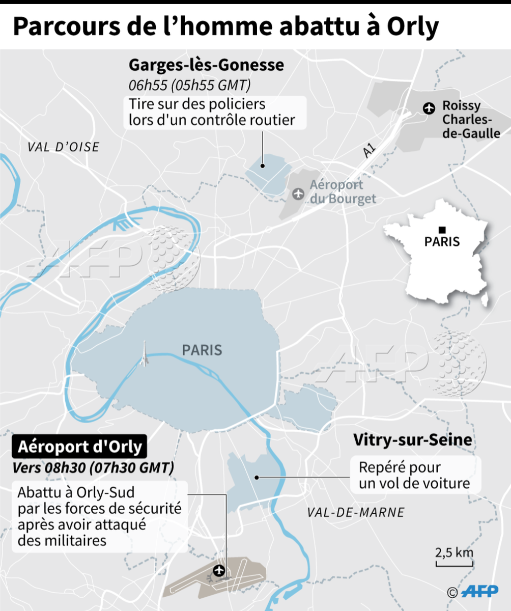 afpfr's tweet photo. Le parcours de l'homme abattu à l'aéroport d'Orly: Garges-lès-Gonesse, Vitry-sur-Seine, Orly-Sud #AFP par @AFPgraphics https://t.co/8EZcbGAvKG