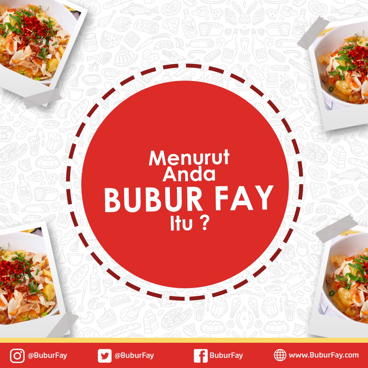 buburfay's tweet photo. Hallo Fay Lovers,
Menurut Anda Bubur Fay itu bagaimana ? 
A. Enak Banget
B. Biasa Aja
C. Kurang Rasa
D. Isi Sendiri .. https://t.co/STbQd0xp4n
