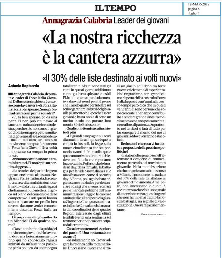 Ecco la mia intervista di oggi a <a href="/tempoweb/">IL TEMPO</a> su importanza di <a href="/FI_Giovani/">Forza Italia Giovani</a> per il nostro movimento. Il merito dei nostri ragazzi va valorizzato