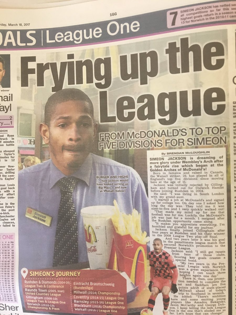 BASportsJourno's tweet image. From the Golden Arches to Wembley Arch: Simeon Jackson feature in @TheSun today by lecturer @bren_mcloughlin @glosmediaschool @WFCOfficial