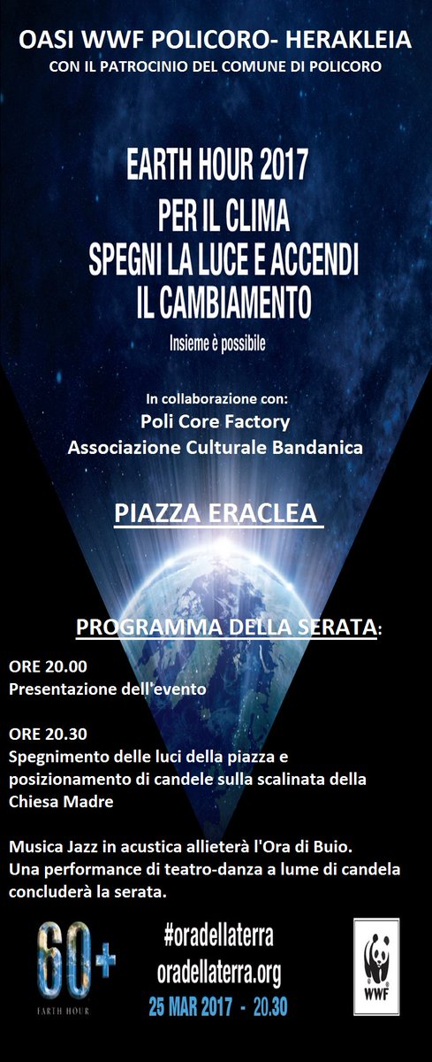 oasiwwfpolicoro's tweet photo. Sabato 25 Marzo- L'ORA DELLA TERRA.
Vi aspettiamo numerosi in Piazza Eraclea a Policoro alle 20.00.
#earthhour2017 #oasiwwfpolicoro #wwf https://t.co/LPWlgdtYTz