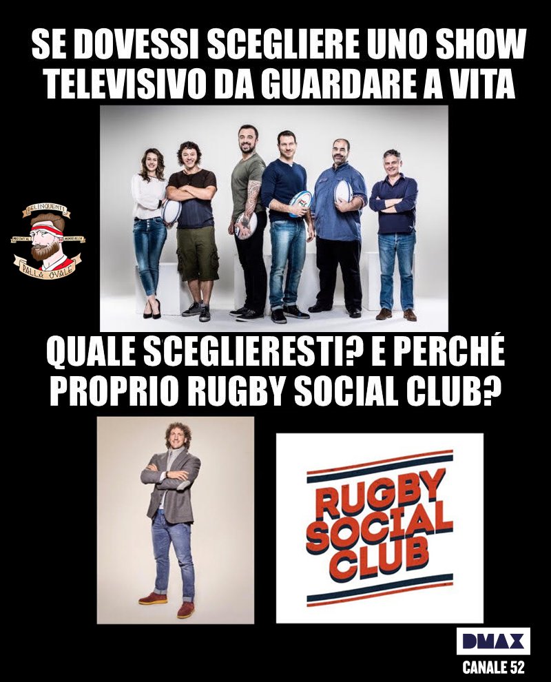 Non affannatevi a cercare la risposta, la sappiamo: ora su DMAX c'è il #RugbySocialClub! 😂 <a href="/rugbydelinquent/">Delinquenza Ovale</a> #SCOvITA #6Nazioni