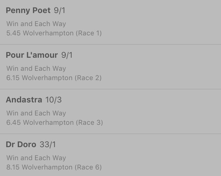 Horses4CausesGB's tweet photo. 4 speculative punts for tonight's @WolvesRaces card. 
If they win one follower of @WeighingRoom gets £100 cash
RT to enter https://t.co/bJdGa4cAka
