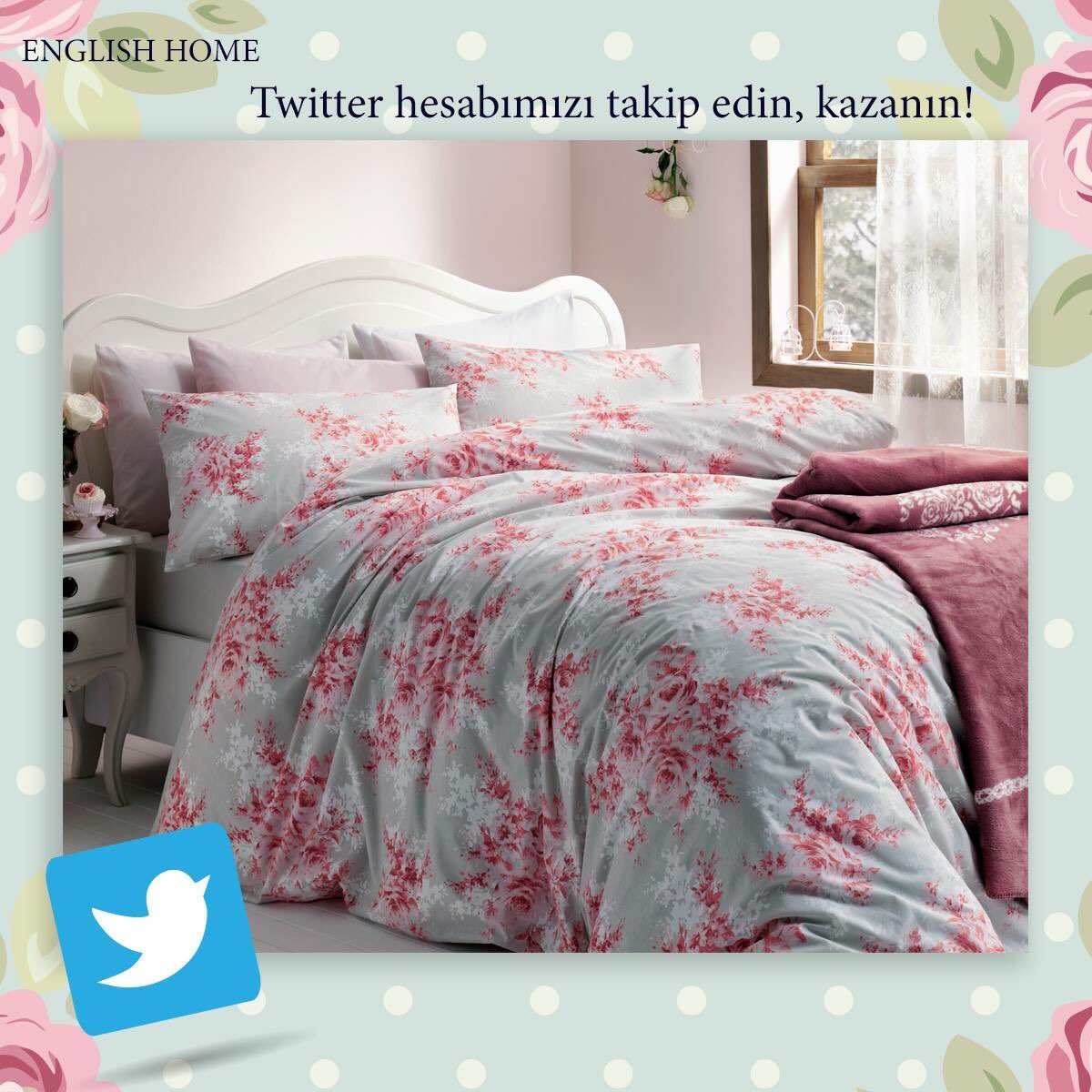 Twitter'a özel: Hemen bizi takip edin, tweetimizi beğenerek RT yapın. Görselde yer alan %100 pamuklu nevresim 5 takipçimize hediye!