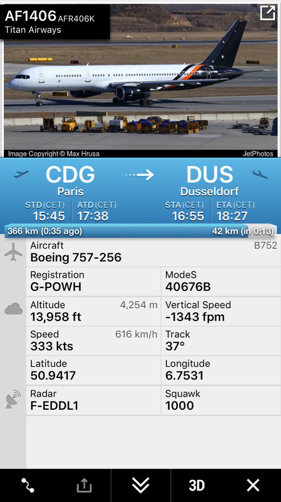 FlightIntl's tweet photo. Flight #AF1406 from Paris to Dusseldorf is operated by a Titan Airways Boeing 757 Reg. G-POWH (16 years old) today https://t.co/YNHFM8KXzi
