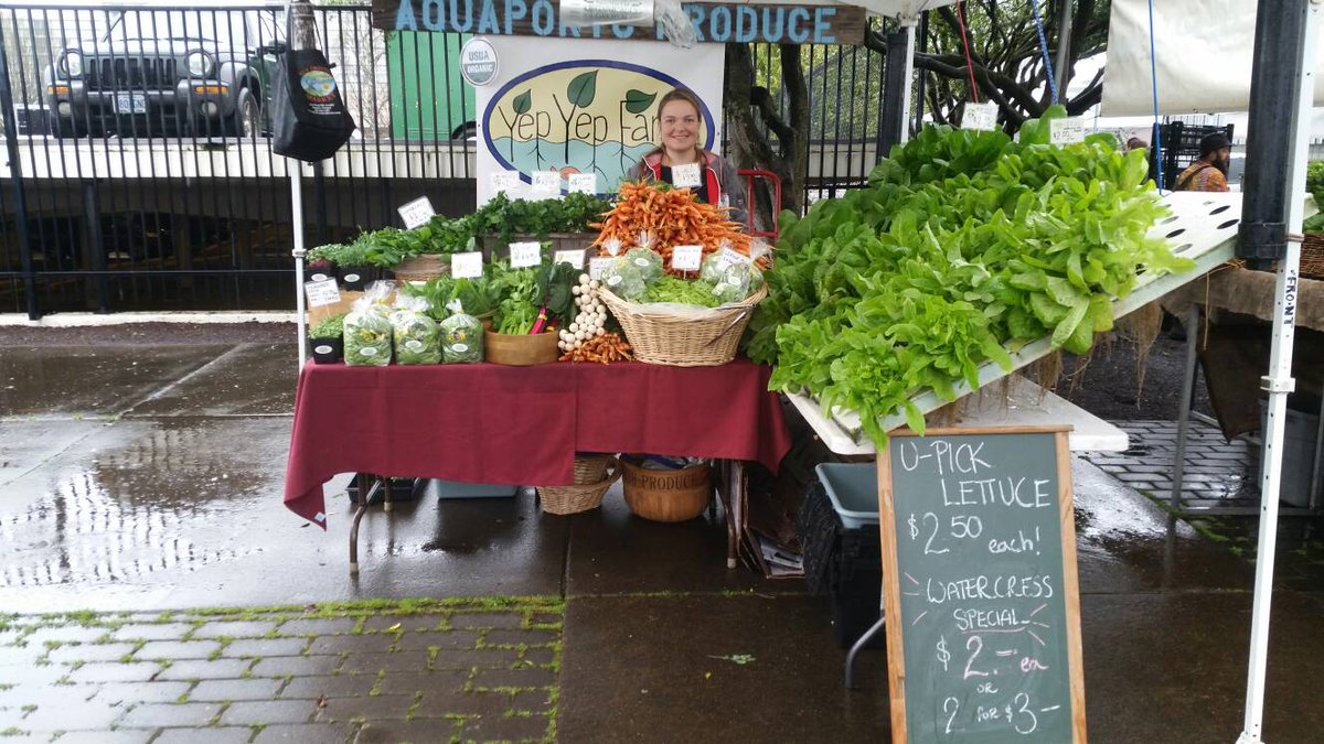 NewFrontierMkt's tweet photo. It's wet at #Farmer'sMarket today but the produce is plentiful!  #Organic #Aquaponics #Watercress special 2 for $3!  It's alive! https://t.co/1KA52DQyZz
