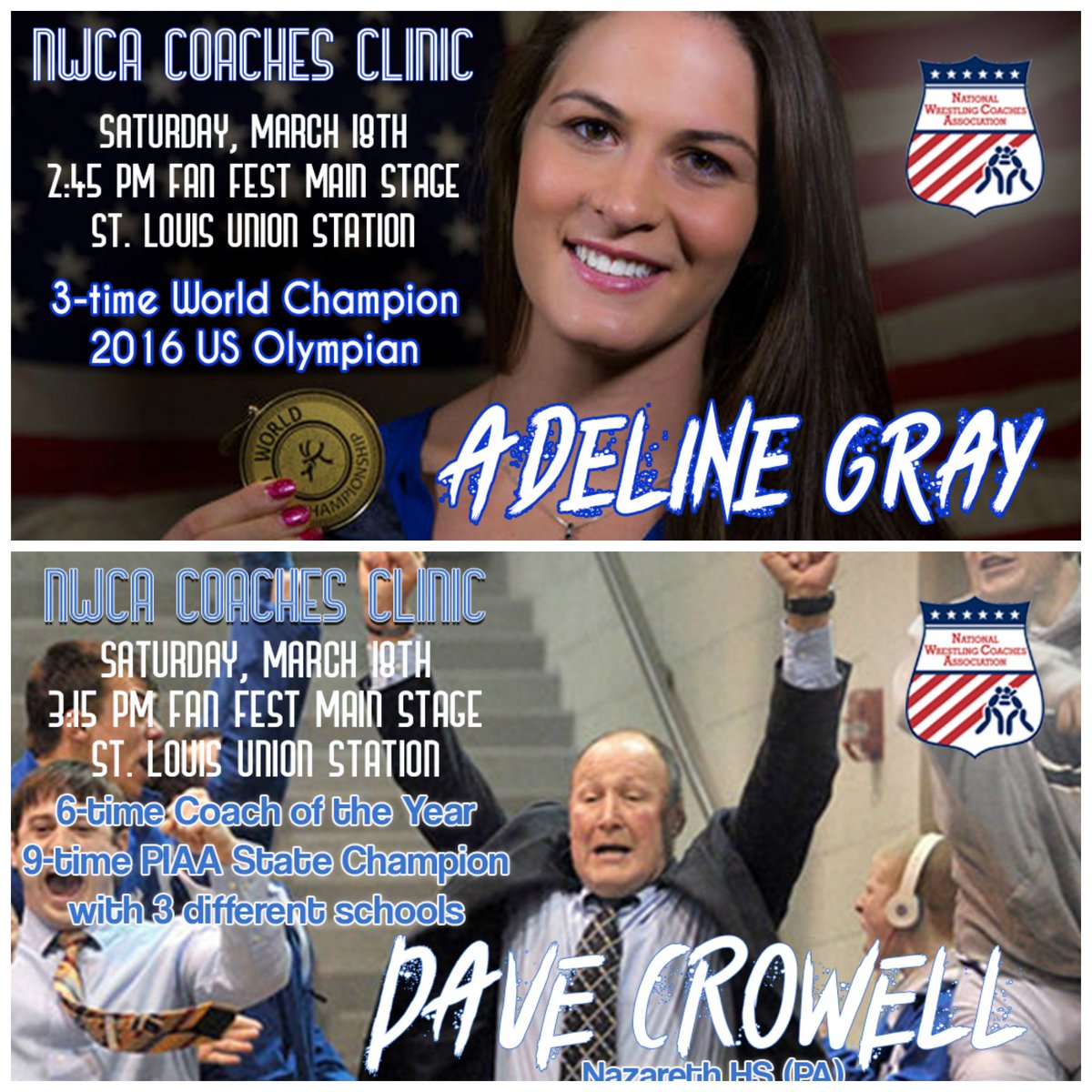 nwcawrestling's tweet image. 🚨COACHING CLINIC🚨
Adeline Gray | Olympian/3x World Champ
Dave Crowell | 9x PIAA Champ
📅 TODAY (Sat)
🕰️ 2:45 pm
📍 Union Station Hotel -Stage