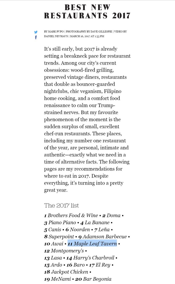 The annual <a href="/torontolife/">Toronto Life</a> ranking of TO’s best new restaurants has #Ward30's .<a href="/MapleLeafTavern/">Maple Leaf Tavern</a> in it! torontolife.com/food/restauran… via <a href="/pupomark/">Mark Pupo</a>