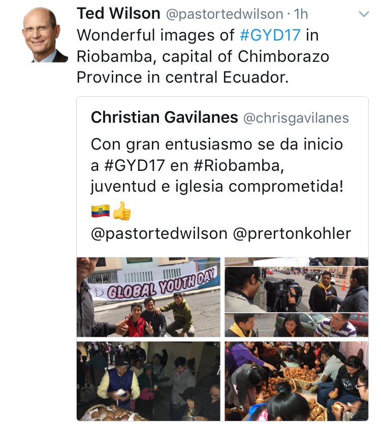 Thanks <a href="/pastortedwilson/">Ted Wilson</a>, Hugs fron Riobamba - Ecuador #GYD17 
<a href="/prertonkohler/">Erton C Kohler</a>
