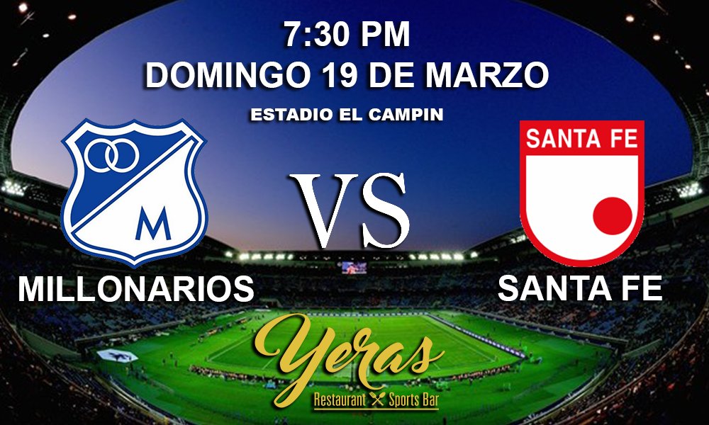 YerasRestaurant's tweet photo. Ven este domingo a #Yeras a disfrutar de este gran encuentro colombiano Millonarios vs Santa Fe desde las 7:30 pm!!! https://t.co/kMPPUK7DZl