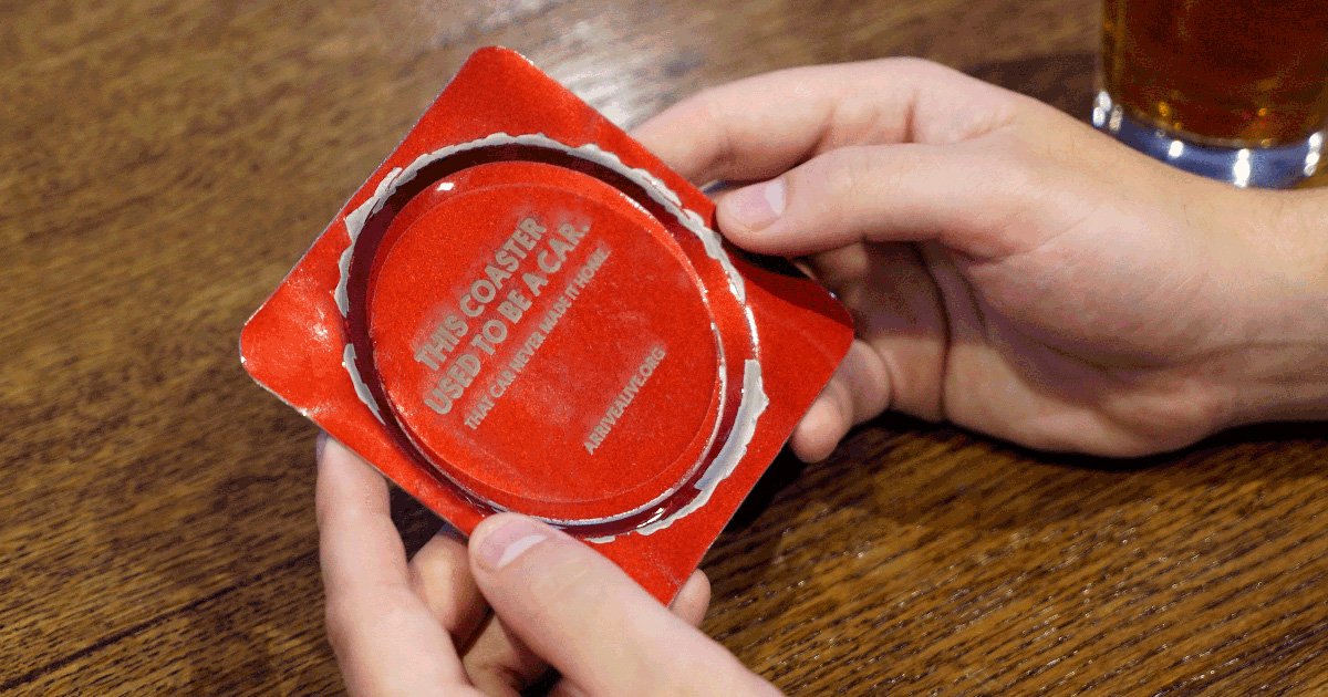 DriveSober's tweet image. Coasters made from car wrecks bring the consequences of drinking &amp;amp; driving into the bar. Always plan a safe ride home. #ArriveAlive