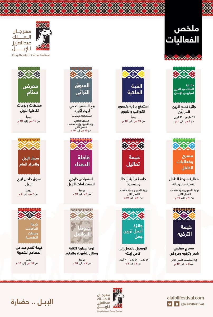 تعرف على فعاليات #مهرجان_الملك_عبدالعزيز_للإبل الذي ينطلق غداً ١٩ مارس