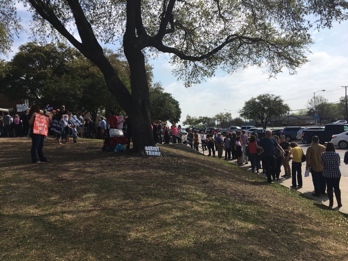 GilleaA's tweet photo. Fired up and ready for @PeteSessions town hall. Line around the block. #resist #notpaidprotesters https://t.co/9wVhT6OtOZ
