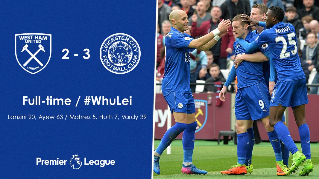 LCFC's tweet photo. Full-time: West Ham United 2-3 Leicester City #WhuLei https://t.co/2Mfl1Gqew2