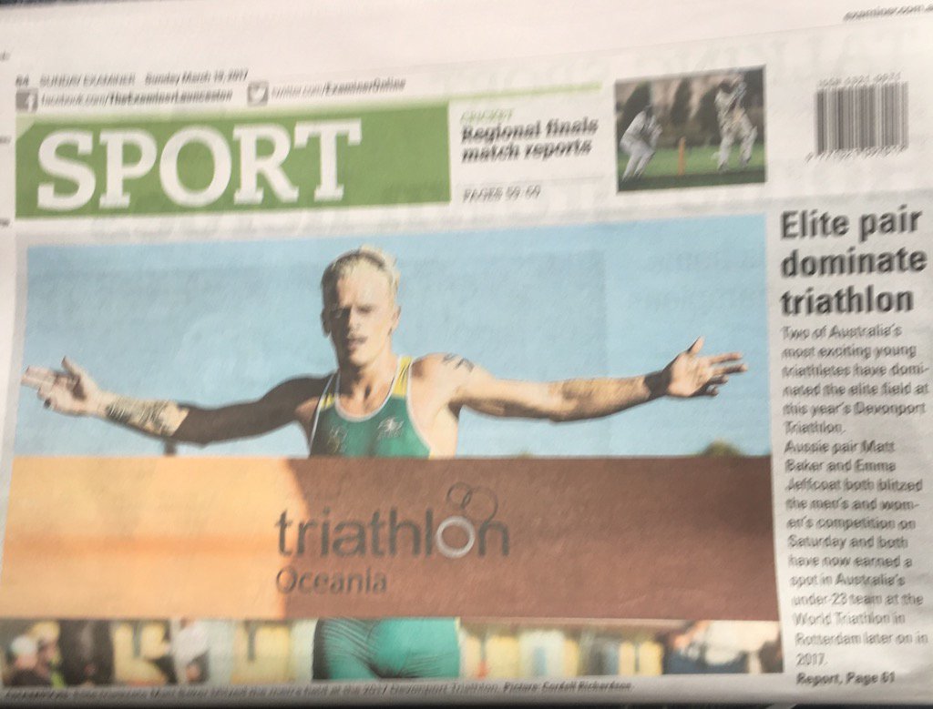 AusTriathlon's tweet photo. Back Page lead for @mattbaker94 @DevonportTri @theexaminerrss @ErJeffcoat confirming World Champ places #DevonportTri https://t.co/vbrG2rZG3o