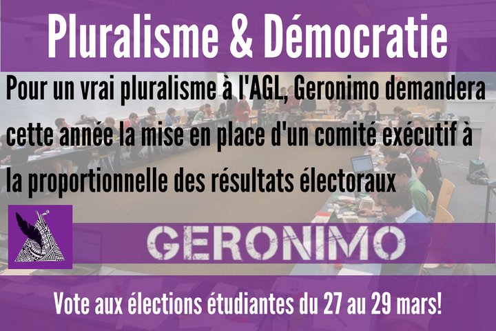 Pour un véritable pluralisme à l'<a href="/AGLouvain/">AGL</a>, #Geronimo propose la création d'un comité mixte à la proportionnelle des résultats électoraux!