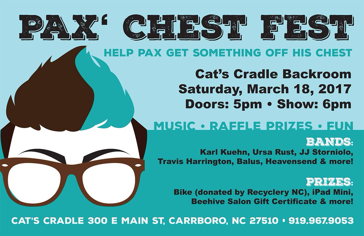 theBeehiveSalon's tweet photo. Tonight in the @CatsCradleNC Backroom! Help Pax get something off his chest. #carrboro #event #ChestFest https://t.co/2CP7N0FsZX