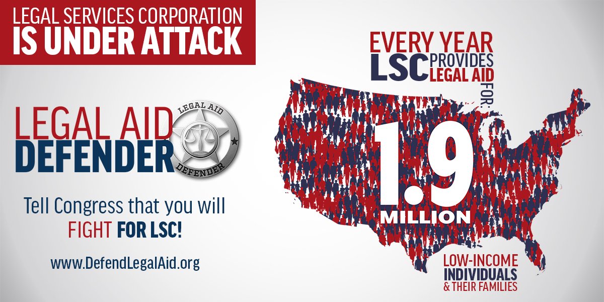 ABAesq's tweet photo. LSC is being targeted for elimination. Tell Congress that you'll fight for legal aid! Become a #LegalAidDefender:  https://t.co/zGbWj0OskV https://t.co/0CnPUigBGa