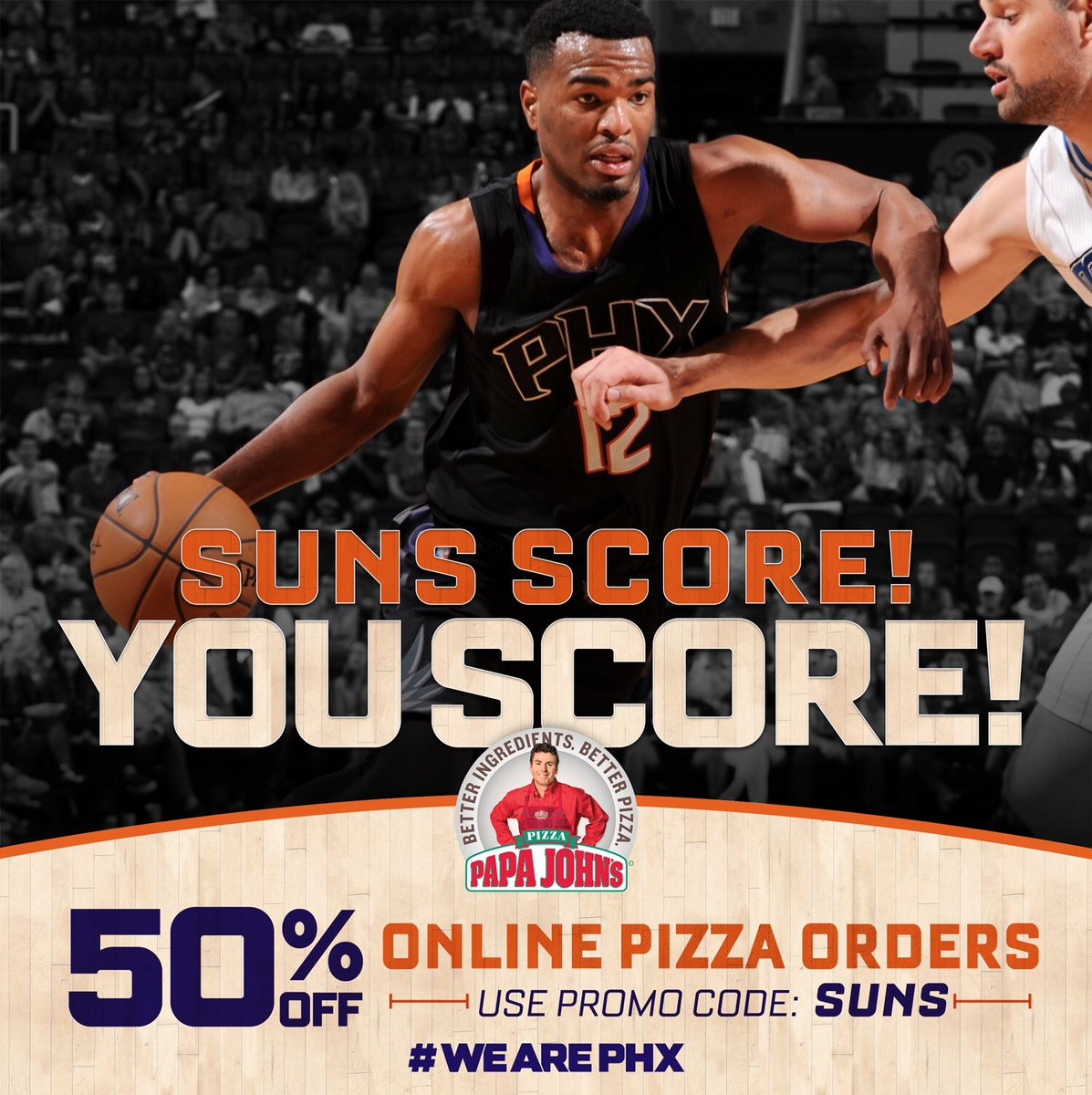 The Suns scored 90+ last night which earns you 50% off an online pizza order of @PapaJohnsPHX w/ code SUNS today! https://t.co/qJsWFmH8YS